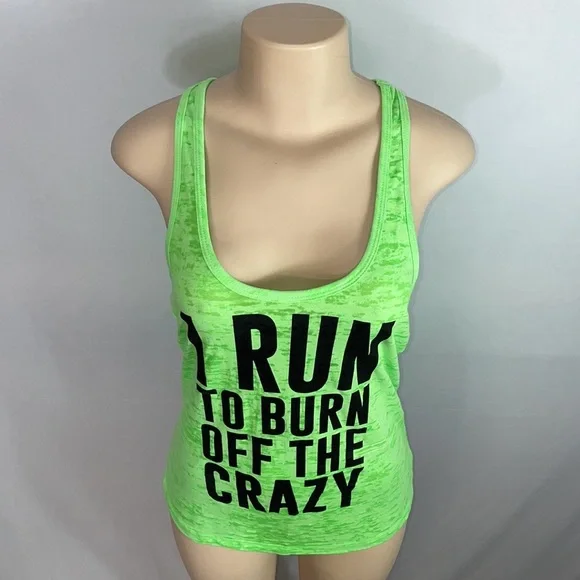 “ I Run To Burn Off The Crazy” Racerback Heathered Lime Green Workout Tank Top - Picture 3 of 8